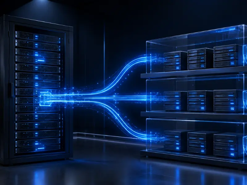 espaldos-automaticos-datos-hosting-chile Ilustración de un servidor principal transfiriendo datos a través de haces de luz azul hacia un sistema de almacenamiento de respaldos automatizados.