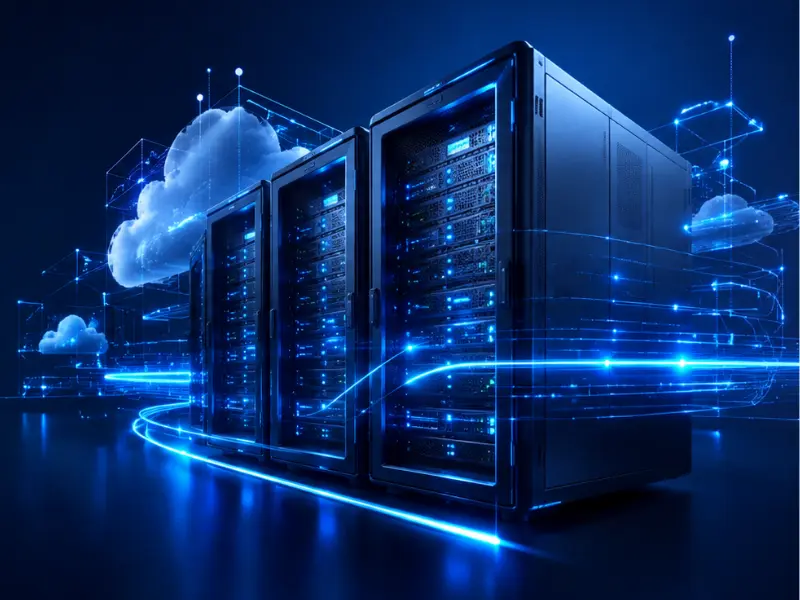 hosting-empresarial-alto-rendimiento-chile Servidores de datos empresariales de alta velocidad conectados a una infraestructura en la nube con luces de fibra óptica azules.