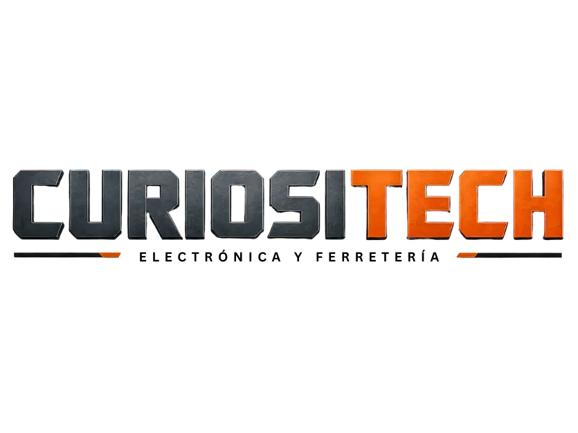 logotipo-curiositech-electronica-ferreteria-chile Logotipo oficial de Curiositech con letras en bloque de estilo industrial gris oscuro y anaranjado sobre fondo transparente, incluyendo el eslogan Electrónica y Ferretería.
