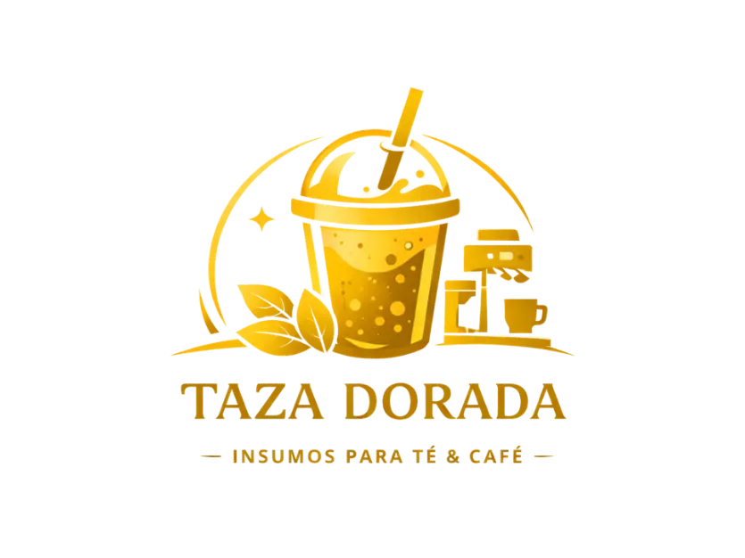 logotipo-taza-dorada-insumos-bubble-tea-cliente-blueshot Logotipo oficial de Taza Dorada con ilustración de un vaso de Bubble Tea con bombilla, hojas de té y cafetera en color oro, para el carrusel de clientes de Blueshot.