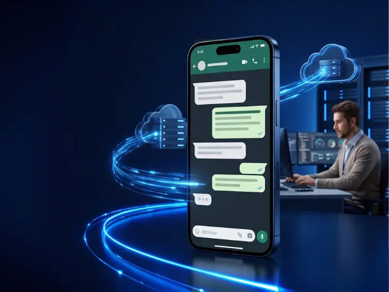 soporte-tecnico-respuestas-rapidas-whatsapp-hosting-chile Smartphone mostrando una interfaz de chat de WhatsApp conectada mediante estelas de luz cibernética a servidores en la nube y a un especialista en soporte técnico operando desde una oficina.