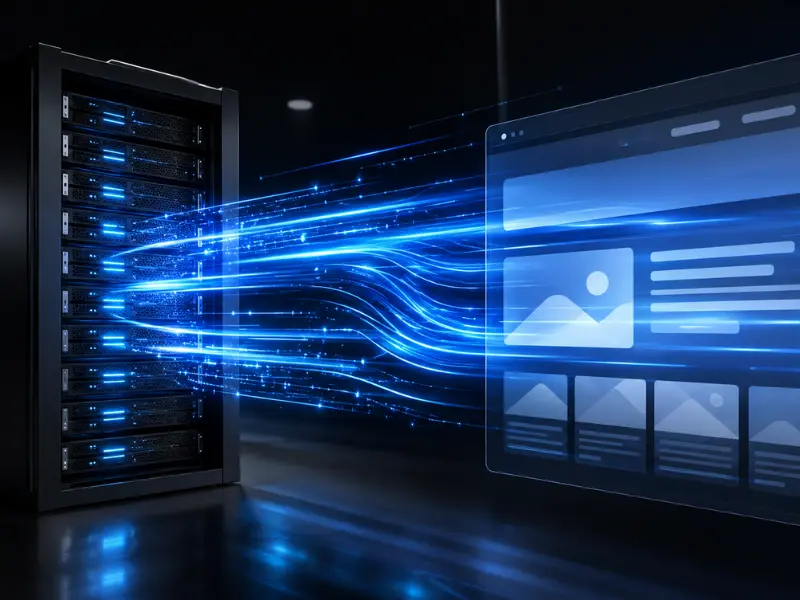 velocidad-rendimiento-hosting-web-chile Ilustración 3D de un servidor de datos conectándose mediante destellos de luz azul a la interfaz digital transparente de un sitio web.